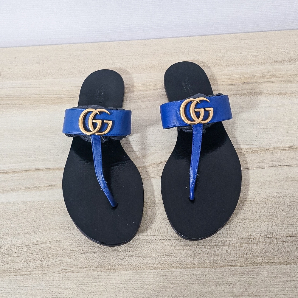 Gucci GG Marmont Calfskin Leather Thong Sandals In Electric Blue Size 37 - Picture 13 of 14